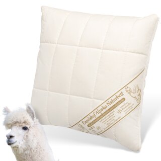 Alpaka Kissen | Engelshof Alpakas Münsterland | Kopfkissen | optimales Schlafkima | trocken & atmungsaktiv | mit Schurwollkügelchen gefüllt | 40x40cm